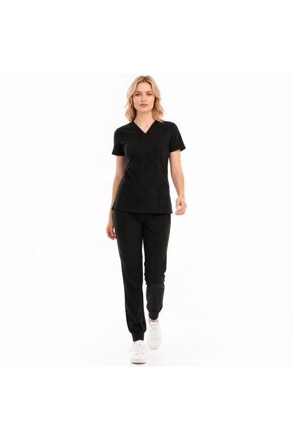 Scrub Set for Women Solid Color V-Neck Stretch Scrub Top Elastic Waist Jogger Scrub Pants with Pocket Short Sleeve Working Nursing Uniforms Set Black