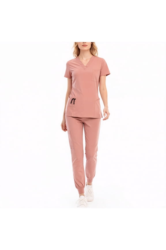 Scrub Set for Women Solid Color V-Neck Stretch Scrub Top Elastic Waist Jogger Scrub Pants with Pocket Short Sleeve Working Nursing Uniforms Set Pink