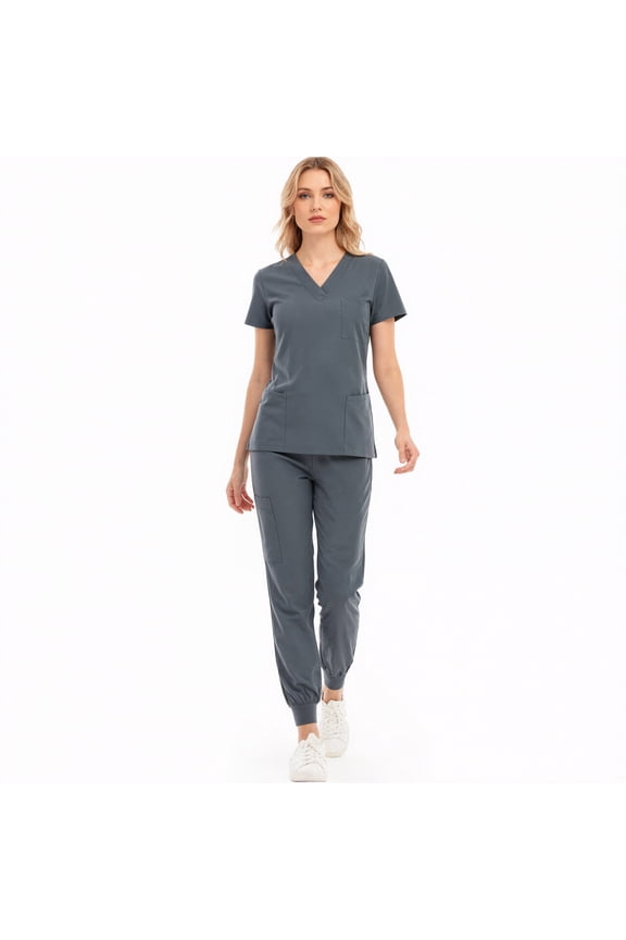 Scrub Set for Women Solid Color V-Neck Stretch Scrub Top Elastic Waist Jogger Scrub Pants with Pocket Short Sleeve Working Nursing Uniforms Set Gray