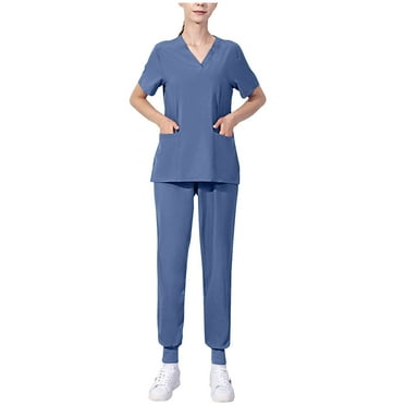 Xfvqtps Scrub Set for Women Solid Color V-Neck Stretch Scrub Top and Elastic Waist Jogger Scrub Pants Short Sleeve Protective Suit Set Working Uniforms with Pockets Blue