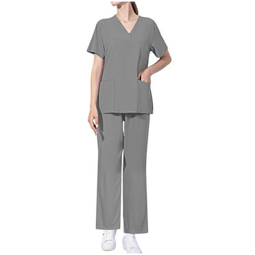 Xfvqtps Scrub Set for Women Solid Color V-Neck Stretch Scrub Top and Elastic Waist Scrub Pants Short Sleeve Protective Suit Set Working Uniforms with Pockets Black