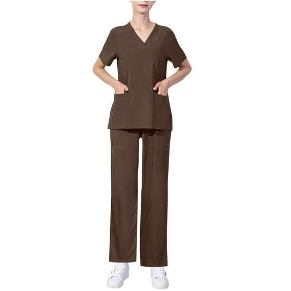 Xfvqtps Scrub Set for Women Solid Color V-Neck Stretch Scrub Top and Elastic Waist Scrub Pants Short Sleeve Protective Suit Set Working Uniforms with Pockets Brown