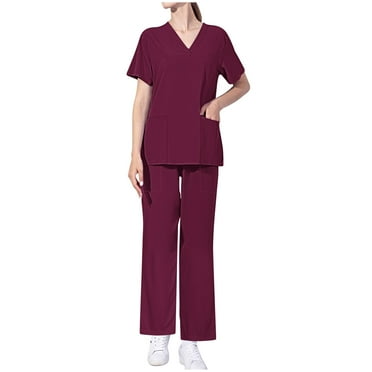 Xfvqtps Scrub Set for Women Solid Color V-Neck Stretch Scrub Top and Elastic Waist Scrub Pants Short Sleeve Protective Suit Set Working Uniforms with Pockets Burgundy