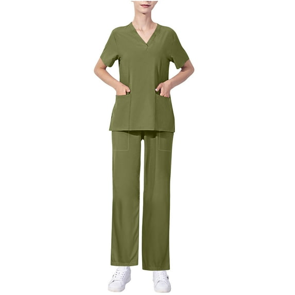 Xfvqtps Scrub Set for Women Solid Color V-Neck Stretch Scrub Top and Elastic Waist Scrub Pants Short Sleeve Protective Suit Set Working Uniforms with Pockets Olive Green