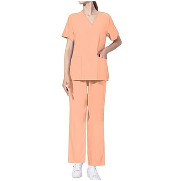 Xfvqtps Scrub Set for Women Solid Color V-Neck Stretch Scrub Top and Elastic Waist Scrub Pants Short Sleeve Protective Suit Set Working Uniforms with Pockets Orange