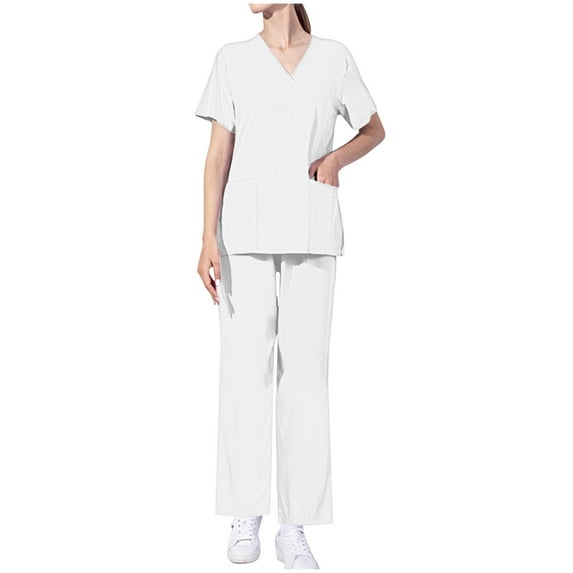 Xfvqtps Scrub Set for Women Solid Color V-Neck Stretch Scrub Top and Elastic Waist Scrub Pants Short Sleeve Protective Suit Set Working Uniforms with Pockets White