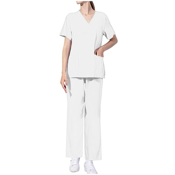 Xfvqtps Scrub Set for Women Solid Color V-Neck Stretch Scrub Top and Elastic Waist Scrub Pants Short Sleeve Protective Suit Set Working Uniforms with Pockets White