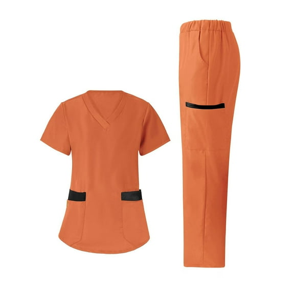 Xfvqtps Scrub Set for Women Solid Color V-Neck Stretch Scrub Top and Elastic Waist Scrub Pants Short Sleeve Tops Long Pants Sets Casual Suit Sets Working Uniforms with Pockets Orange