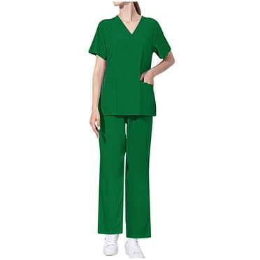Xfvqtps Scrub Set for Women Solid Color V-Neck Stretch Scrub Top and Elastic Waist Scrub Pants Short Sleeve Protective Suit Set Working Uniforms with Pockets Blue