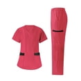 thumbnail image 1 of Xfvqtps Scrub Set for Women Solid Color V-Neck Stretch Scrub Top and Elastic Waist Scrub Pants Short Sleeve Tops Long Pants Sets Casual Suit Sets Working Uniforms with Pockets Hot Pink, 1 of 6