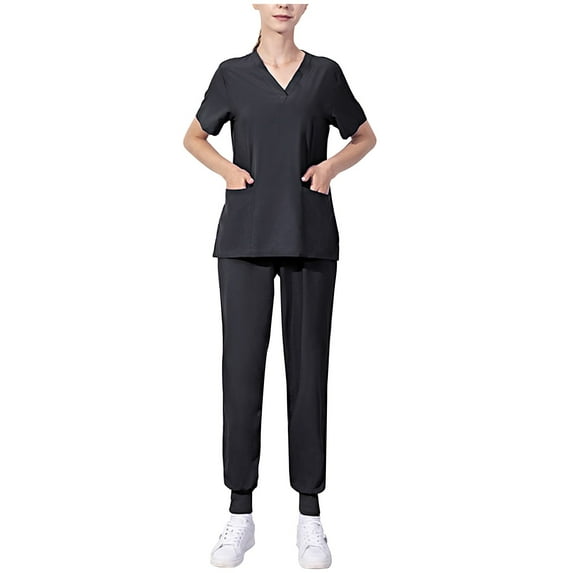 Xfvqtps Scrub Set for Women V-Neck Stretch Scrub Top and Elastic Waist Jogger Pants Short Sleeve Solid Color V-Neck Nurse Working Uniform Suit with Pocket Black
