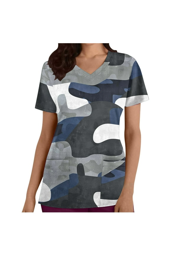 Scrub Tops for Women Camouflage Soft V-Neck Scrub Top Comfortable Nursing Uniforms Camouflage Printed Short Sleeve Workwear Tops Working Uniforms with Pockets Olive Green