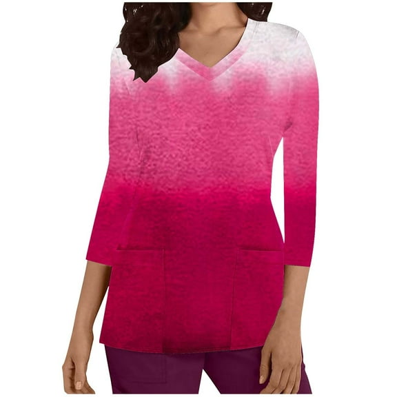 Xfvqtps Scrub Tops for Women Gradient Soft V-Neck 3/4 Sleeve Scrubs Comfortable Nursing Uniforms Casual Printed T-shirt Nursing Clothes Top Working Uniforms with Pockets Hot Pink