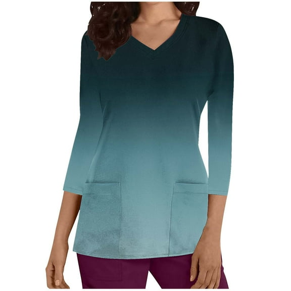 Xfvqtps Scrub Tops for Women Gradient Soft V-Neck 3/4 Sleeve Scrubs Comfortable Nursing Uniforms New Casual Printed T-shirt Nursing Clothes Top Working Uniforms with Pockets Dark Blue