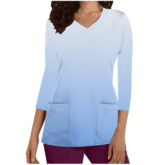 Xfvqtps Scrub Tops for Women Gradient Soft V-Neck 3/4 Sleeve Scrubs Comfortable Nursing Uniforms New Casual Printed T-shirt Nursing Clothes Top Working Uniforms with Pockets Light Blue