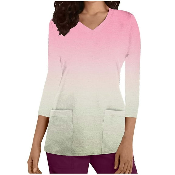 Xfvqtps Scrub Tops for Women Gradient Soft V-Neck 3/4 Sleeve Scrubs Comfortable Nursing Uniforms New Fashion Casual Printed T-shirt Nursing Clothes Top Working Uniforms with Pockets Pink