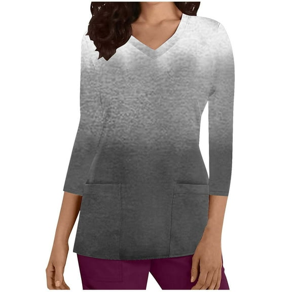 Xfvqtps Scrub Tops for Women Gradient Soft V-Neck 3/4 Sleeve Scrubs Comfortable Nursing Uniforms New Fashion Casual Printed T-shirt Nursing Clothes Top Working Uniforms with Pockets Gray