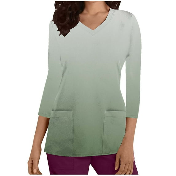 Xfvqtps Scrub Tops for Women Gradient Soft V-Neck 3/4 Sleeve Scrubs Comfortable Nursing Uniforms New Fashion Casual Printed T-shirt Nursing Clothes Top Working Uniforms with Pockets Green