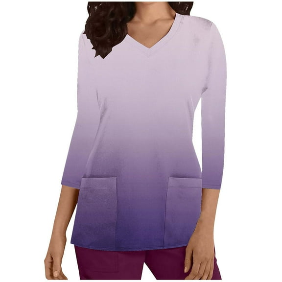 Xfvqtps Scrub Tops for Women Gradient Soft V-Neck 3/4 Sleeve Scrubs Comfortable Nursing Uniforms New Fashion Casual Printed T-shirt Nursing Clothes Top Working Uniforms with Pockets Purple