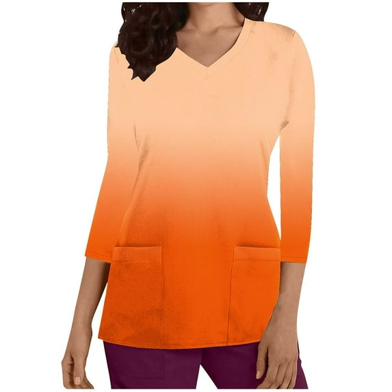 Xfvqtps Scrub Tops for Women Gradient Soft V-Neck 3/4 Sleeve Scrubs Comfortable Nursing Uniforms New Fashion Casual Printed T-shirt Nursing Clothes Top Working Uniforms with Pockets Orange
