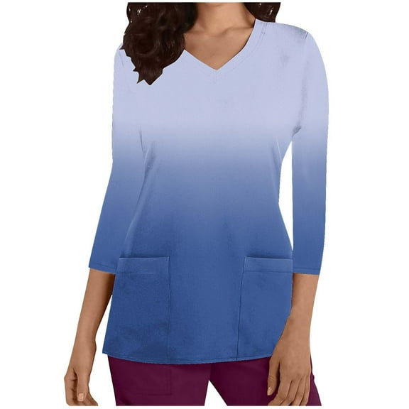Xfvqtps Scrub Tops for Women Gradient Soft V-Neck 3/4 Sleeve Scrubs Comfortable Nursing Uniforms New Fashion Casual Printed T-shirt Nursing Clothes Top Working Uniforms with Pockets Blue