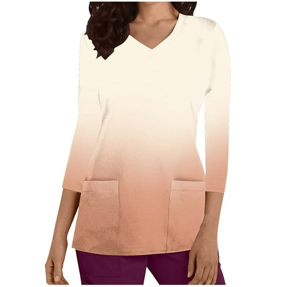 Xfvqtps Scrub Tops for Women Gradient Soft V-Neck 3/4 Sleeve Scrubs Comfortable Nursing Uniforms New Fashion Casual Printed T-shirt Nursing Clothes Top Working Uniforms with Pockets Khaki