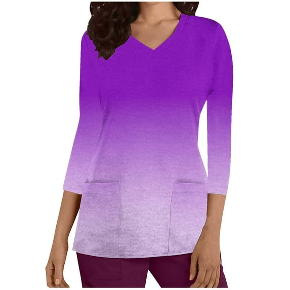 Xfvqtps Scrub Tops for Women Gradient Soft V-Neck 3/4 Sleeve Scrubs Comfortable Nursing Uniforms New Fashion Casual Printed T-shirt Nursing Clothes Top Working Uniforms with Pockets Purple