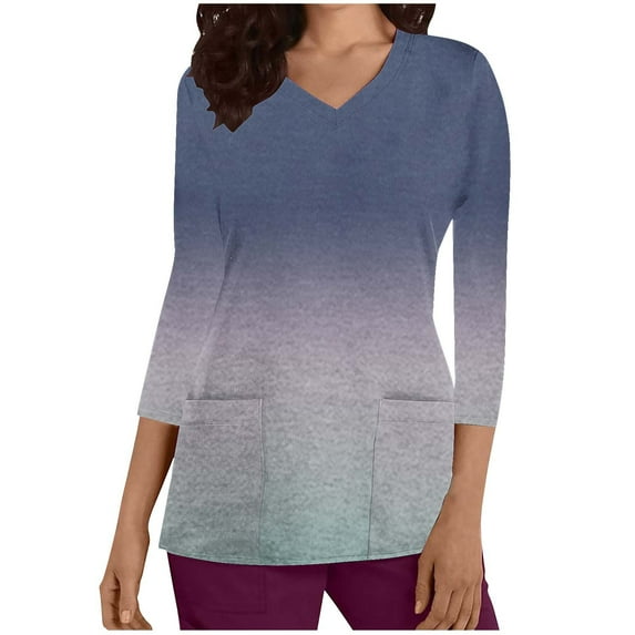Xfvqtps Scrub Tops for Women Gradient Soft V-Neck 3/4 Sleeve Scrubs Comfortable Nursing Uniforms New Fashion Casual Printed T-shirt Nursing Clothes Top Working Uniforms with Pockets Gray