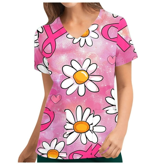 Xfvqtps Scrub Tops for Women Pink Ribbon Breast Cancer Awareness Scrubs Comfortable Lightweight Nursing Uniforms V-neck Short Sleeve Nurse Top Working Uniforms with Pockets Pink