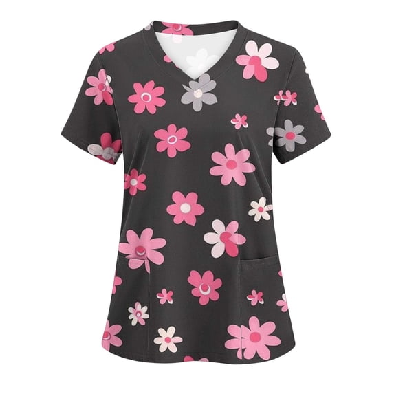 Xfvqtps Scrub Tops for Women Pink Ribbon Breast Cancer Awareness Scrubs Comfortable Lightweight Nursing Uniforms V-neck Short Sleeve Working Uniforms Shirt with Pockets Multicolor