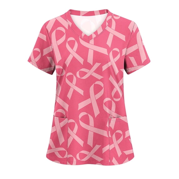 Xfvqtps Scrub Tops for Women Pink Ribbon Breast Cancer Awareness Scrubs Comfortable Lightweight Nursing Uniforms V-neck Short Sleeve Working Uniforms Shirt with Pockets Multicolor