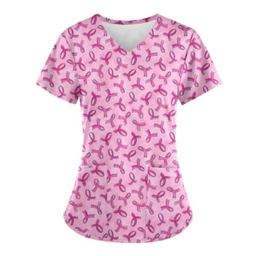 Xfvqtps Scrub Tops for Women Pink Ribbon Breast Cancer Medical Nursing Uniform Comfortable Lightweight Short Sleeved V-neck Working Uniform With Pocket Protective Clothing Pink