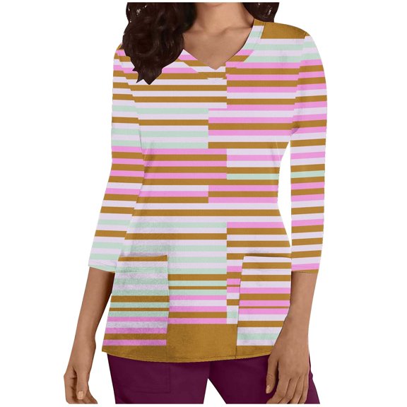 Xfvqtps Scrub Tops for Women Striped Soft V-Neck 3/4 Sleeve Scrubs Comfortable Nursing Uniforms New Fashion Casual Printed T-shirt Nursing Clothes Top Working Uniforms with Pockets Yellow