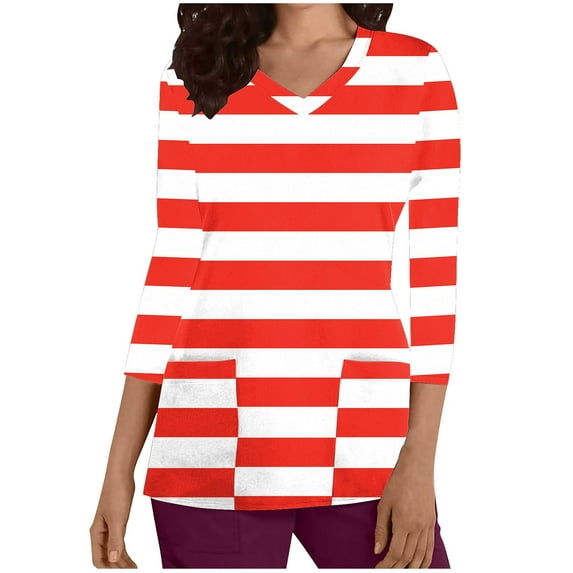 Xfvqtps Scrub Tops for Women Striped Soft V-Neck 3/4 Sleeve Scrubs Comfortable Nursing Uniforms New Fashion Casual Printed T-shirt Nursing Clothes Top Working Uniforms with Pockets Red