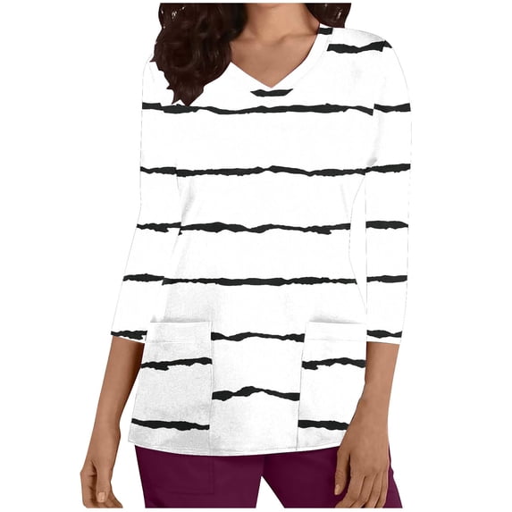 Xfvqtps Scrub Tops for Women Striped Soft V-Neck 3/4 Sleeve Scrubs Comfortable Nursing Uniforms New Fashion Casual Printed T-shirt Nursing Clothes Top Working Uniforms with Pockets White