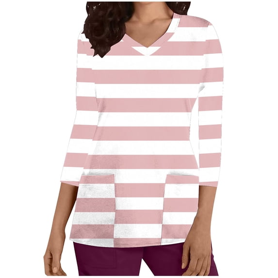 Xfvqtps Scrub Tops for Women Striped Soft V-Neck 3/4 Sleeve Scrubs Comfortable Nursing Uniforms New Fashion Casual Printed T-shirt Nursing Clothes Top Working Uniforms with Pockets Pink