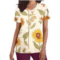 Xfvqtps Scrub Tops for Women Sunflower Printed Soft V-Neck Scrubs Comfortable Lightweight Nursing Uniforms Casual Printed Short Sleeve Nurse Top Working Uniforms with Pockets Yellow