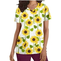 Xfvqtps Scrub Tops for Women Sunflower Printed Soft V-Neck Scrubs Comfortable Lightweight Nursing Uniforms Casual Printed Short Sleeve Nurse Top Working Uniforms with Pockets Yellow