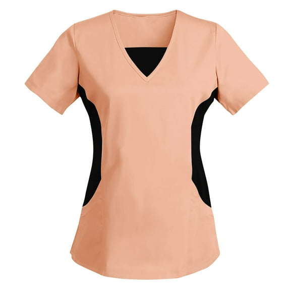 Xfvqtps Scrub Tops for Women V-Neck Short Sleeve Color Block Comfortable Lightweight Nursing Uniforms Nurse Top Working Uniforms Rose Gold