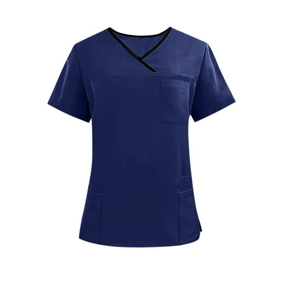 Xfvqtps Scrub Tops for Women V-Neck Short Sleeve Multi-Pocket Comfortable Lightweight Nursing Uniforms Nurse Top Working Uniforms Dark Blue