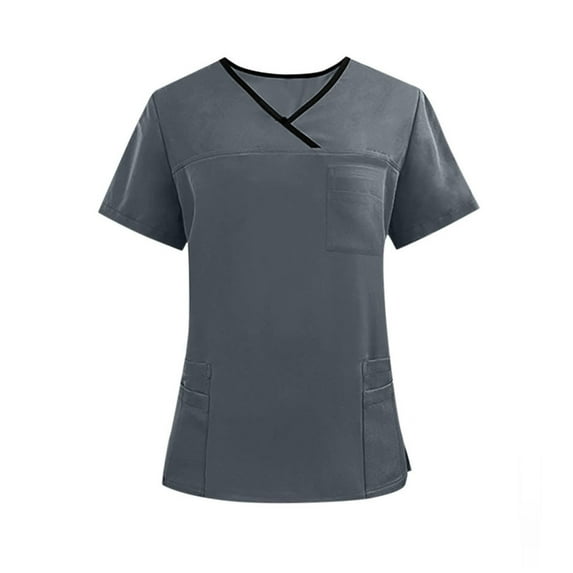 Xfvqtps Scrub Tops for Women V-Neck Short Sleeve Multi-Pocket Comfortable Lightweight Nursing Uniforms Nurse Top Working Uniforms Dark Gray