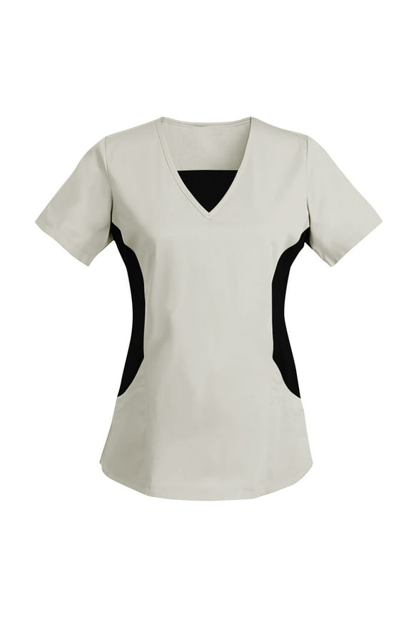 Scrub Tops for Women Wrinkle-Resist Nursing Uniform Fashion Patchwork V-Neck Short Sleeve Scrub T-Shirt Printing Loose Blouse Beige
