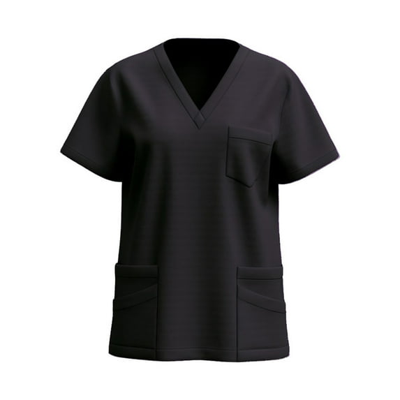 Xfvqtps Scrub Tops for Women Wrinkle-Resist Nursing Uniform V-neck Solid Color Short Sleeve T-shirt with Pocket Black