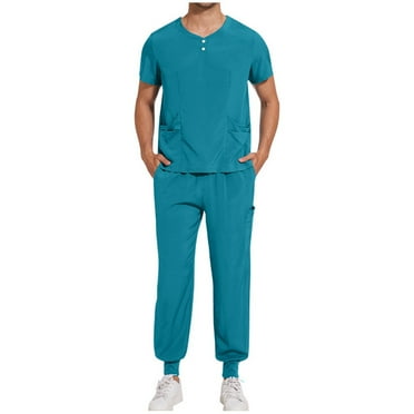 Xfvqtps Scrubs for Men Solid Color Scrubs Sets Stretch Scrub Tops Elastic Waist Jogger Scrub Pants Quick Dry Protective Suit Round Neck Shirts Sets Working Uniform with Pockets Sky Blue