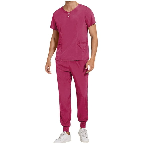 Xfvqtps Scrubs for Men Solid Color Scrubs Sets Stretch Scrub Tops Elastic Waist Jogger Scrub Pants Quick Dry Protective Suit Round Neck Shirts Sets Working Uniform with Pockets Hot Pink