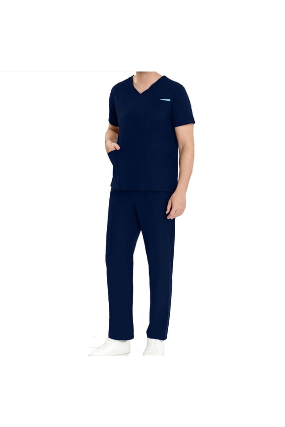 Scrubs Set for Men V-Neck Stretch Scrub Top and Elastic Waist Pants with 5 Pockets Anti Wrinkle Soft Nursing Uniform Set Short Sleeve Working Uniform Two-Piece Sets Navy