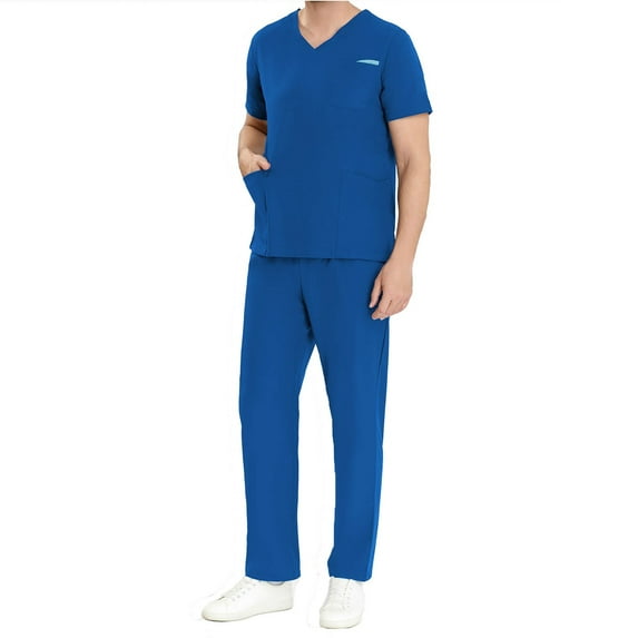 Xfvqtps Scrubs Set for Men V-Neck Stretch Scrub Top and Elastic Waist Pants with 5 Pockets Anti Wrinkle Soft Nursing Uniform Set Short Sleeve Working Uniform Two-Piece Sets Blue