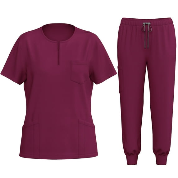 Xfvqtps Scrubs Set for Women 1/4 Zipper Crew Neck Pockets Stretch Scrub Top and Elastic Waist Jogger Pants Bunched Feet Soft Nursing Uniform Set Short Sleeve Working Uniform Set Burgundy