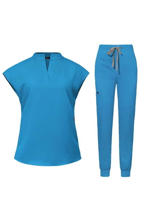 Scrubs Set for Women Mock Neck Stretch Scrub Top and Drawstring Jogger Pants with Multi Pockets Anti Wrinkle Nursing Work Uniform Set Stand Collar Comfortable Medical Uniform Blue