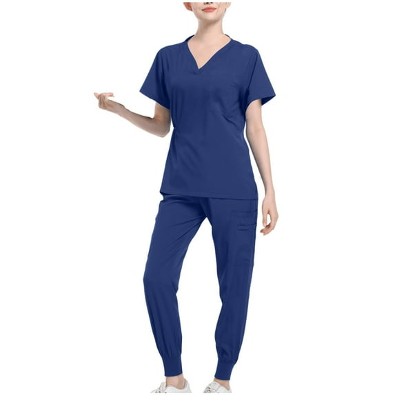 Xfvqtps Scrubs Set for Women V-Neck Pocket Solid Color Stretch Scrub Top and Elastic Waist Jogger Pants Bunched Feet Nursing Uniform Set Working Uniform Set Dark Blue